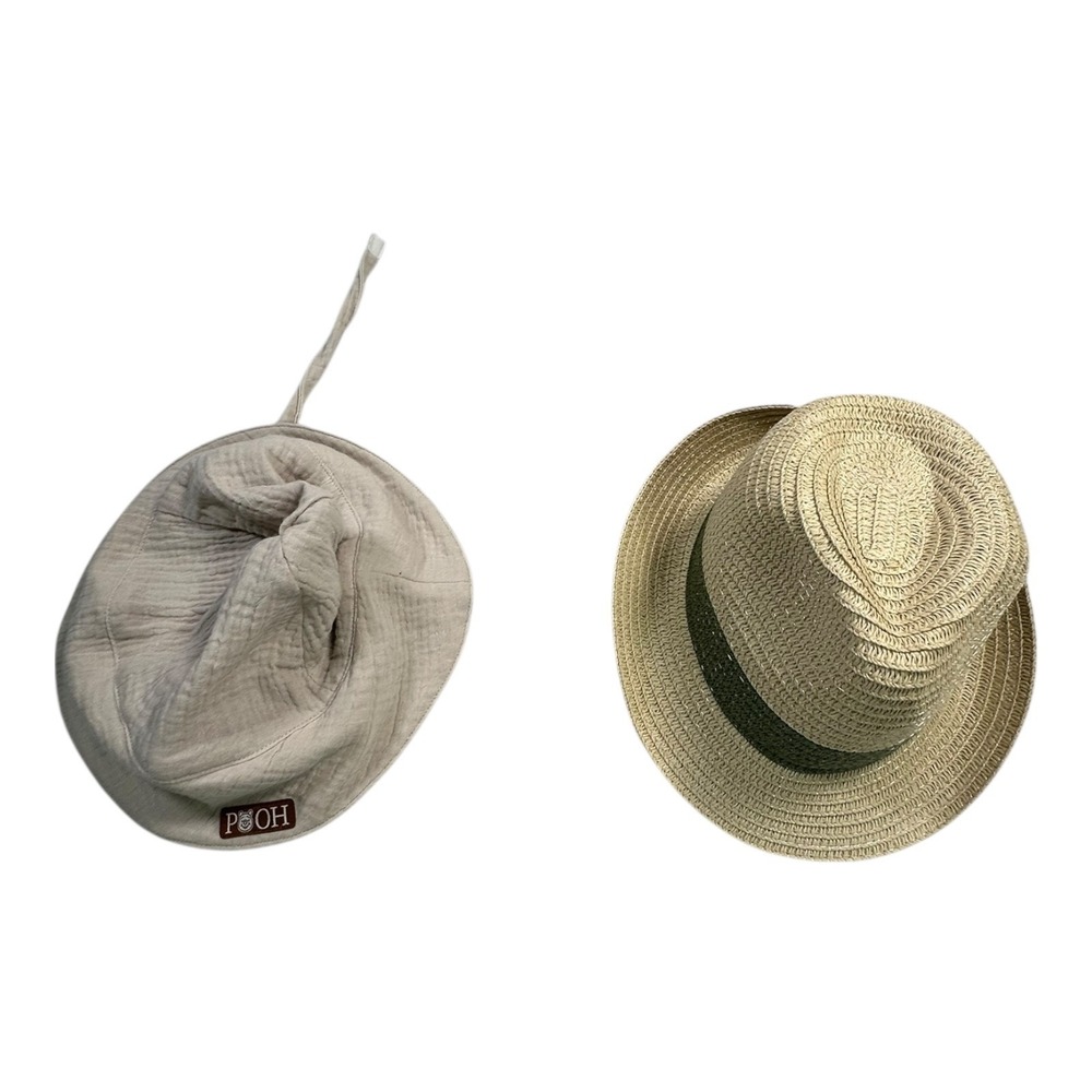 Disney Baby Straw Fedora & POOH Tan‎ Cotton Bucket Hat 18M Infant Summer Sun
